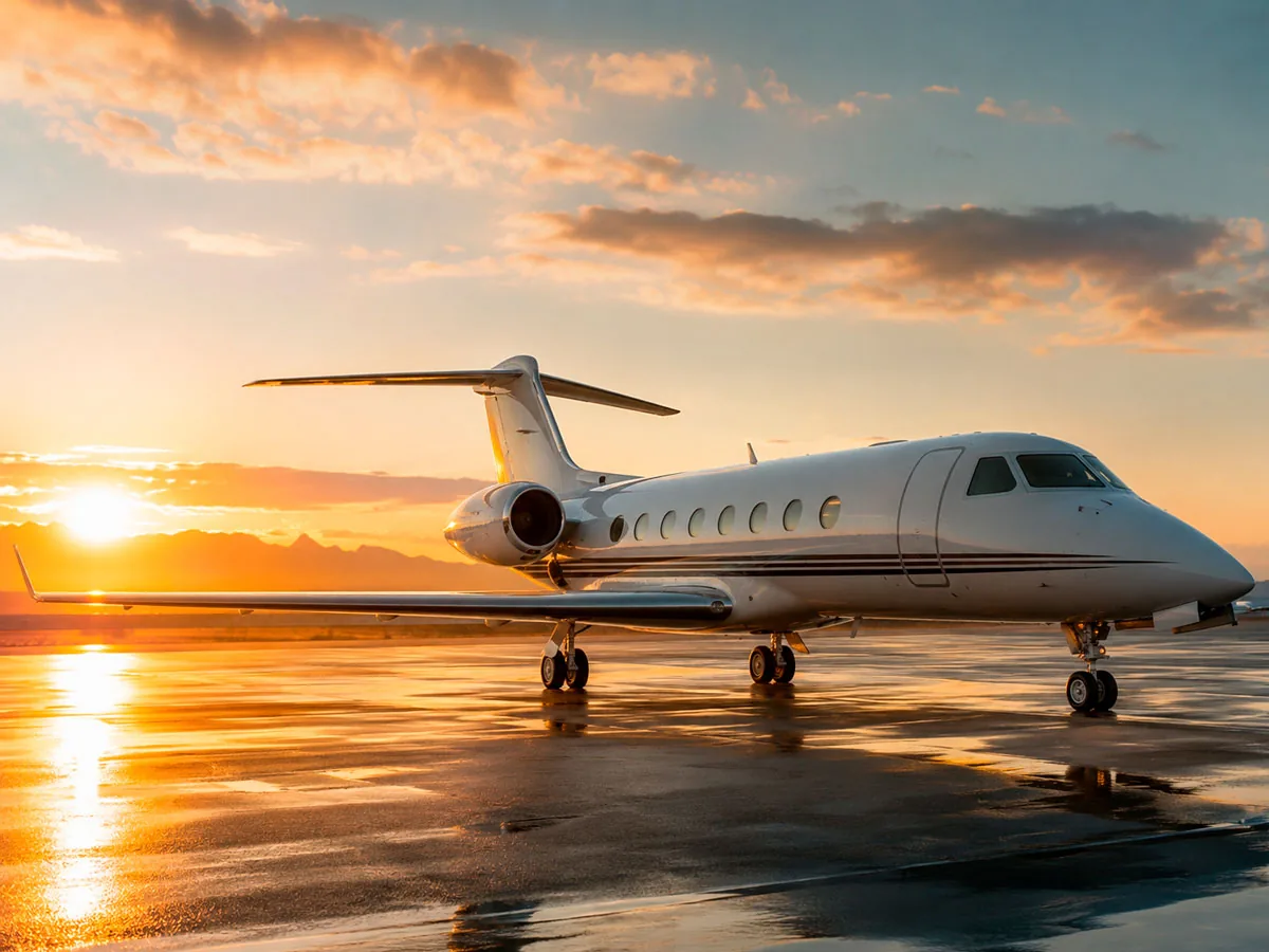 Jato executivo estacionado na pista ao pôr do sol: Consórcio de Aeronave, em Deodápolis e Mato Grosso do Sul