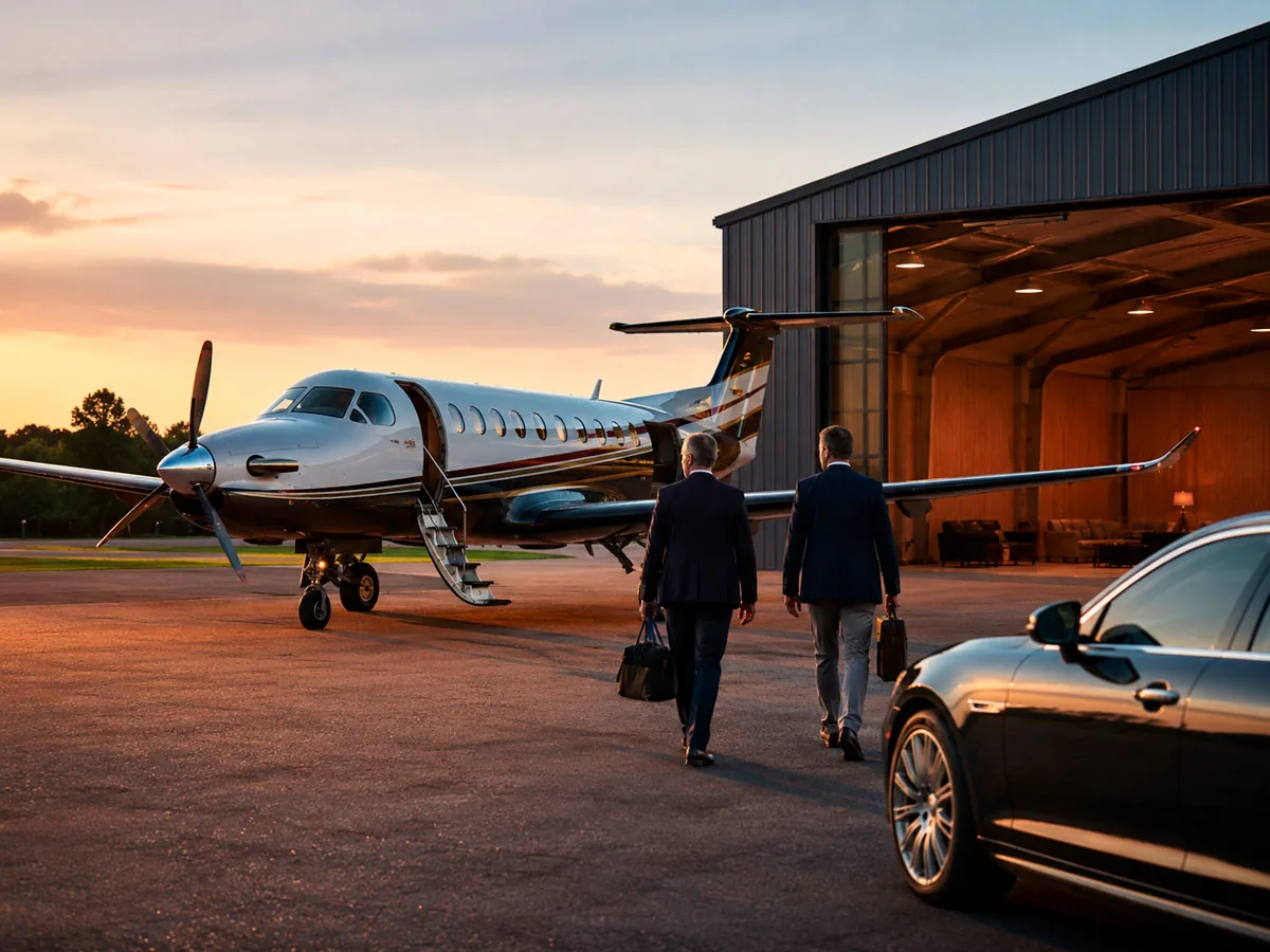 Avião turboélice executivo em frente ao hangar ao entardecer: Consórcio de Avião, em Deodápolis e Mato Grosso do Sul