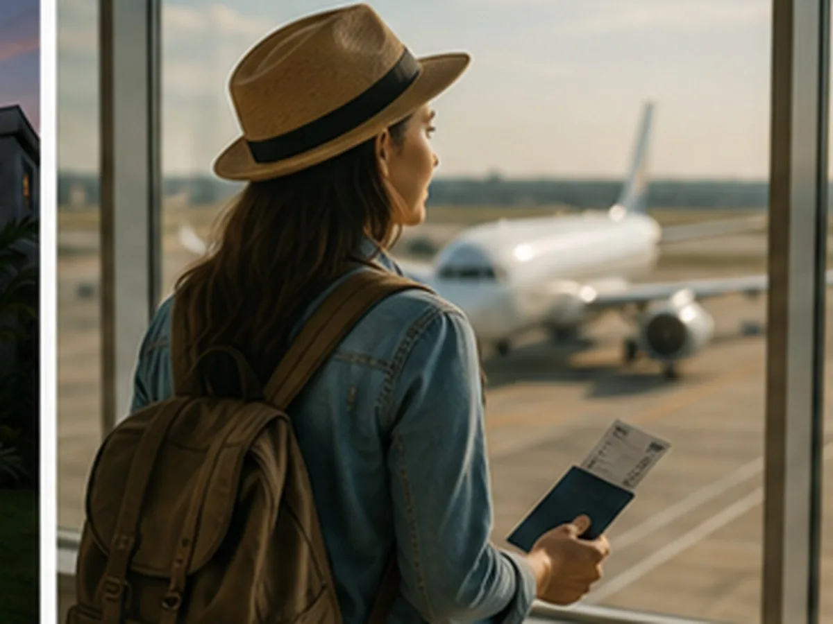 Consórcio para brasileiro no exterior | Consórcios Deodápolis Mulher de chapéu e mochila segurando passaporte e cartão de embarque diante da janela de um aeroporto com avião na pista