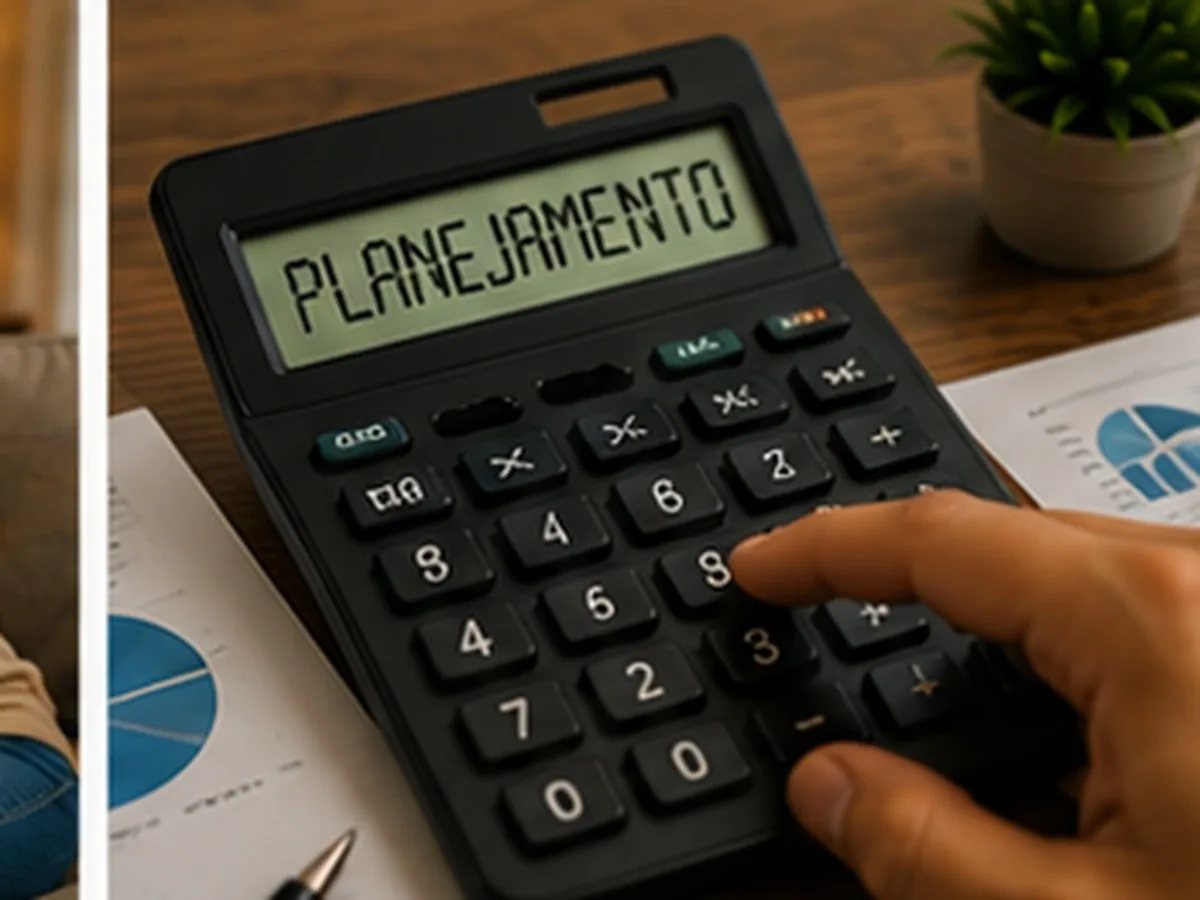 Mão usando calculadora com a palavra planejamento no visor, ao lado de papéis com gráficos de pizza e um vaso de planta