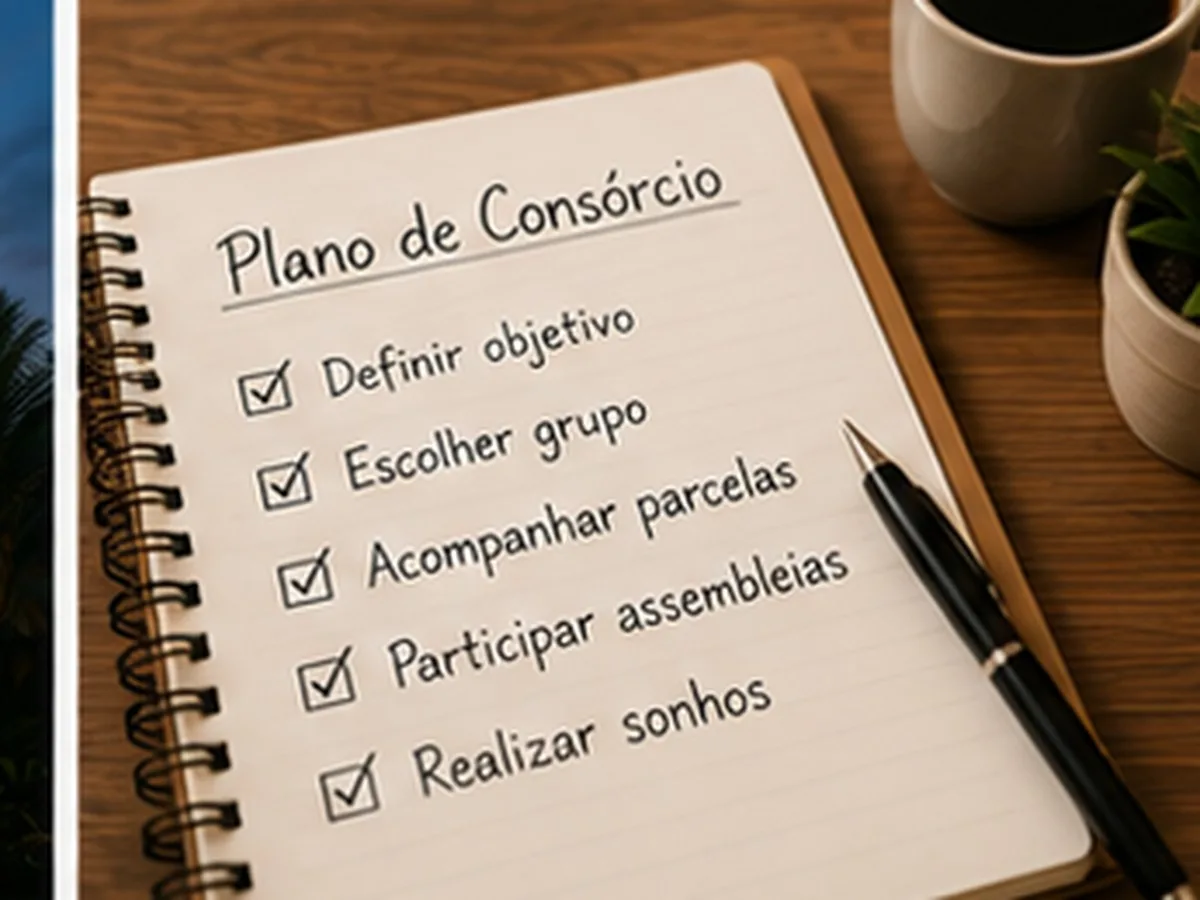 Caderno aberto com a lista plano de consórcio: definir objetivo, escolher grupo, acompanhar parcelas, participar de assembleias