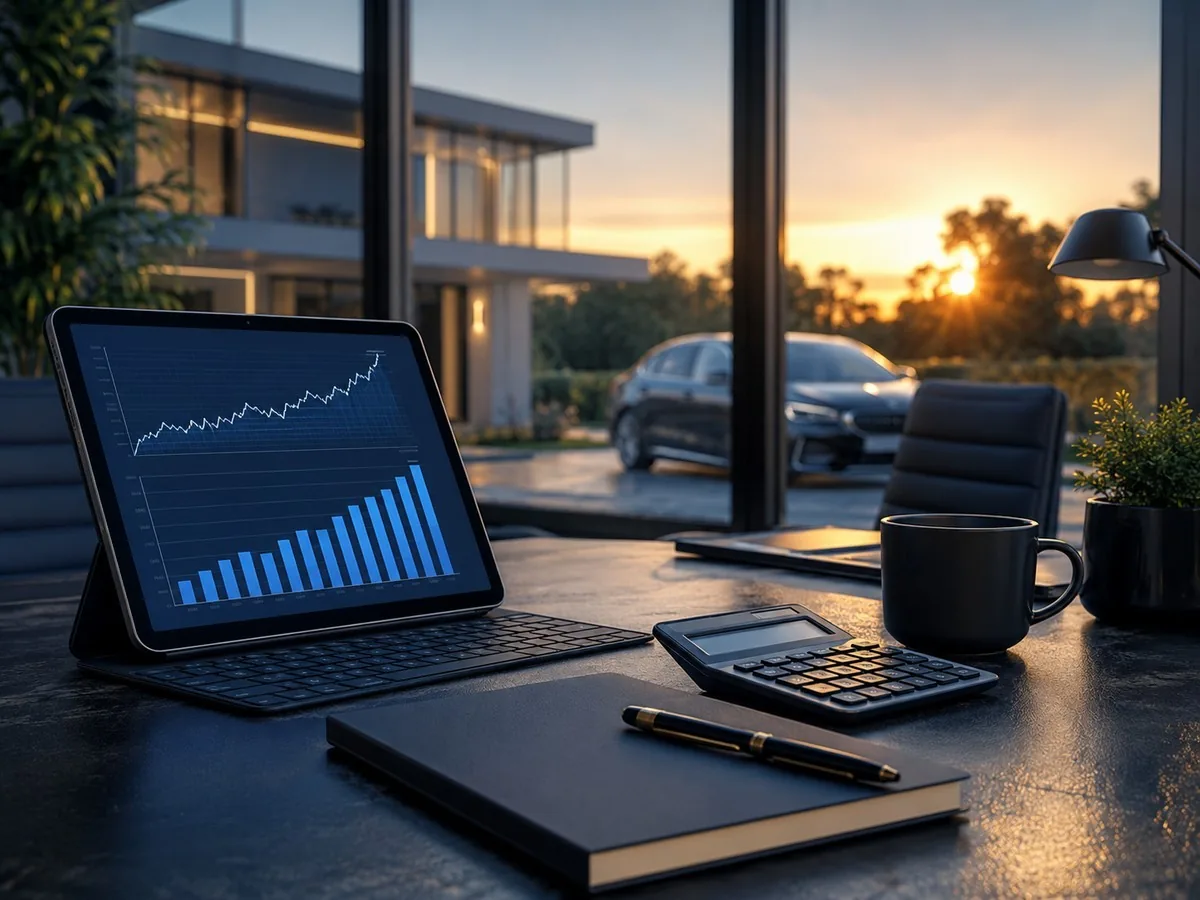 Mesa com tablet exibindo gráfico, calculadora e caderno diante de uma casa moderna com carro na garagem ao pôr do sol