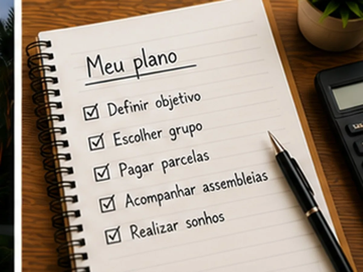 Caderno com lista manuscrita intitulada meu plano, com itens marcados como pagar parcelas e acompanhar assembleias, plano para antecipar parcelas do consórcio